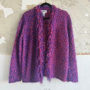 Vtg Fringe Cardigan Boucle Sweater Womens L 90s Knit Maximalist Jacket Hong Kong